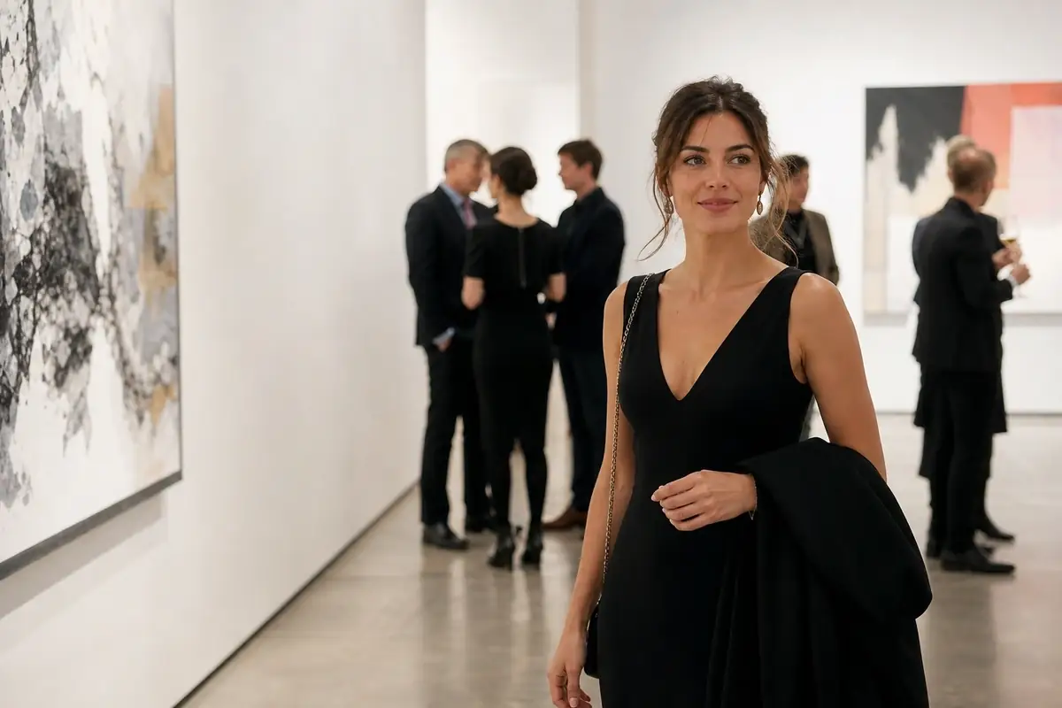 Ambitious adult woman attending a Paris art gallery reception