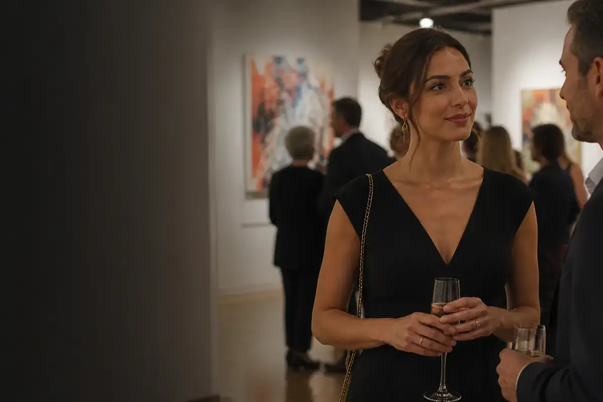 Woman showing composed presence at a Paris art gallery