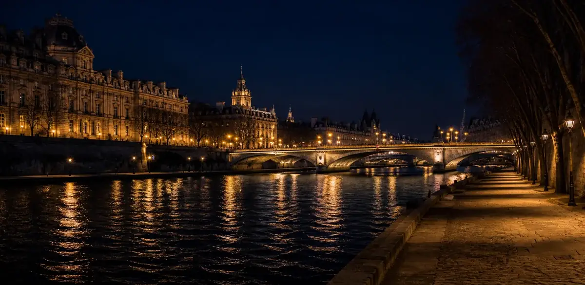 Paris skyline reflected across the Seine at night