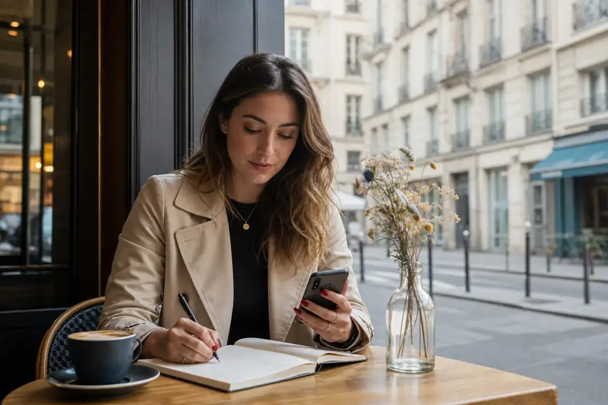 Woman reflecting before a first meeting in Paris