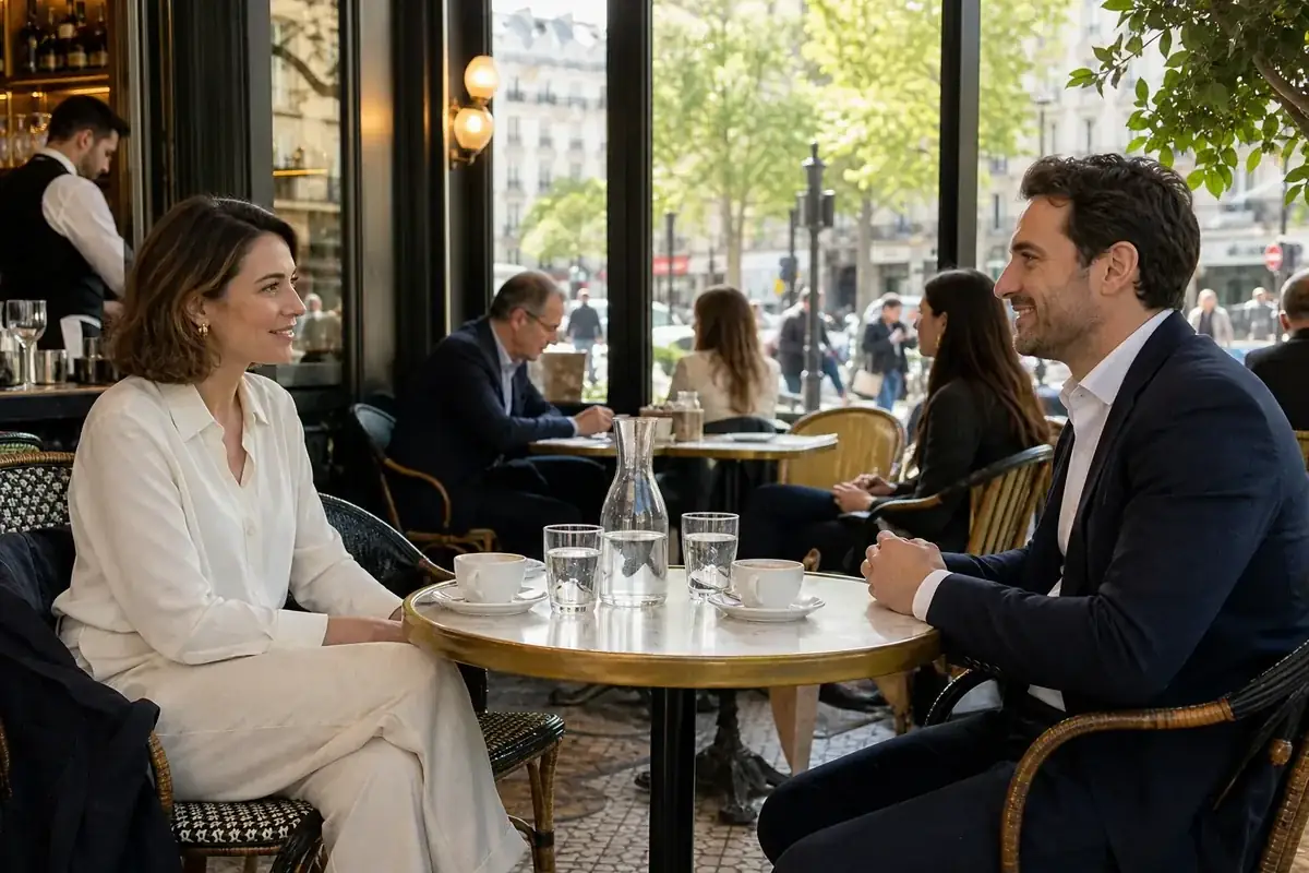 Two adults meeting at a staffed public Paris café